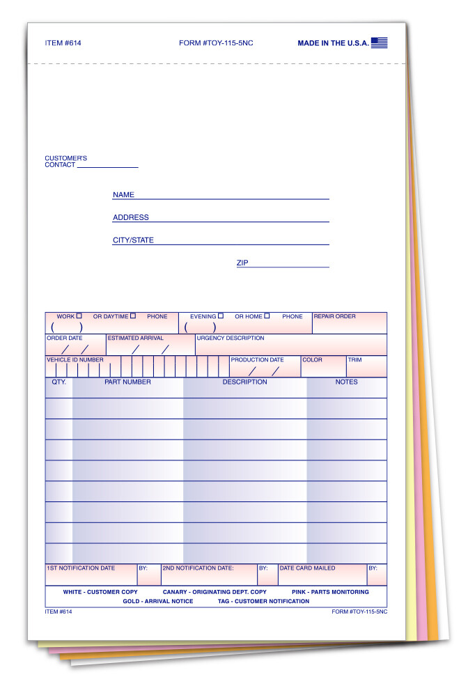 100 SPECIAL PARTS DEPARTMENT ORDER FORM 5-PART CARBONLESS FORM #SPO-115-5NC/117N