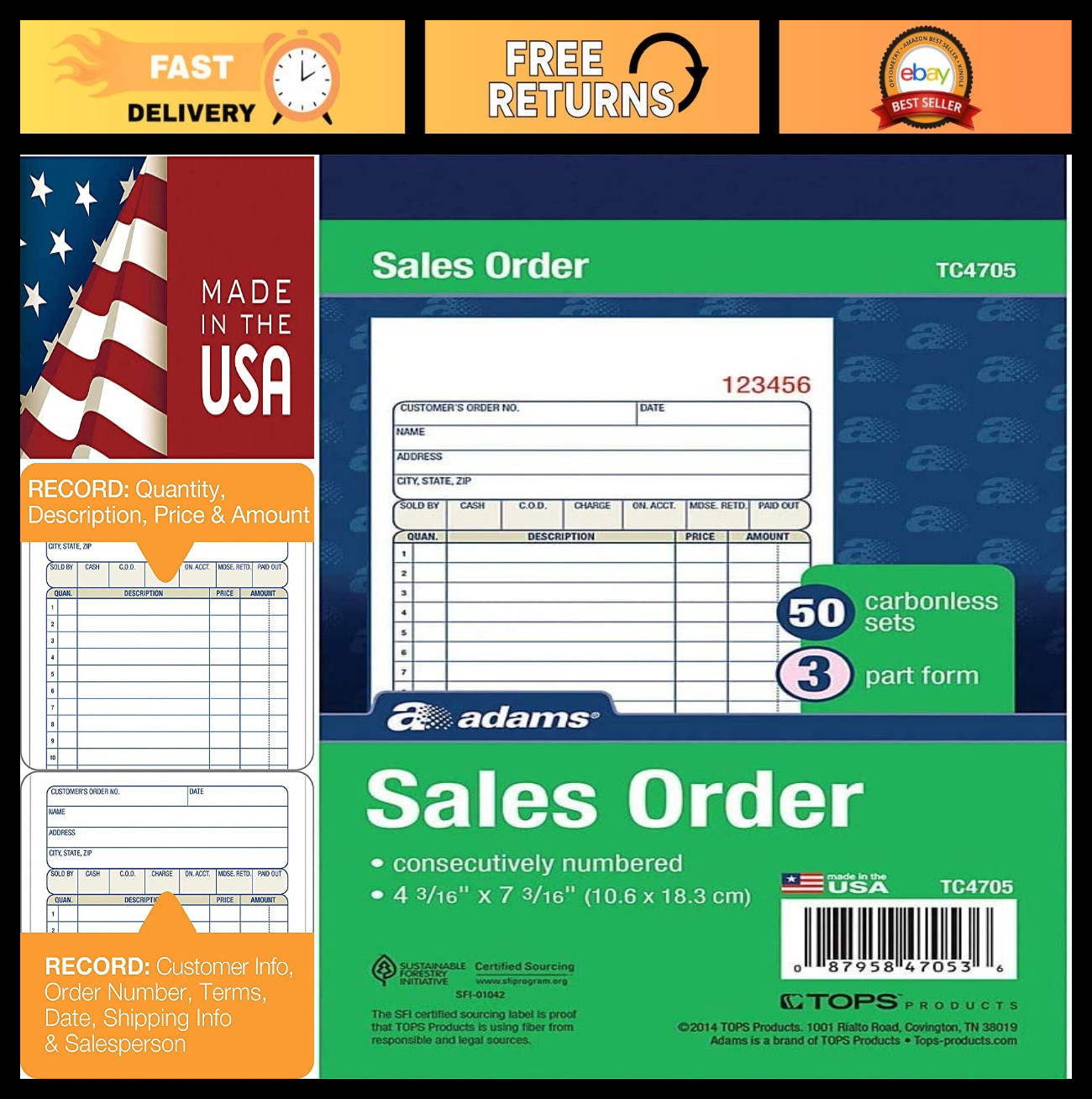 Carbonless 3-Part Sales Order Book – 50 Sets, 4.2″ x 7.2″, White, Canary, Pink –
