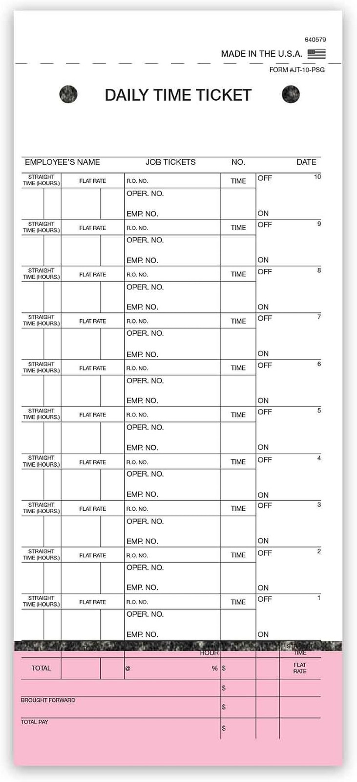 Daily Time and Job Ticket – 10 Labels per Sheet (3-Part) (Form JT-10-PSG) (500 p