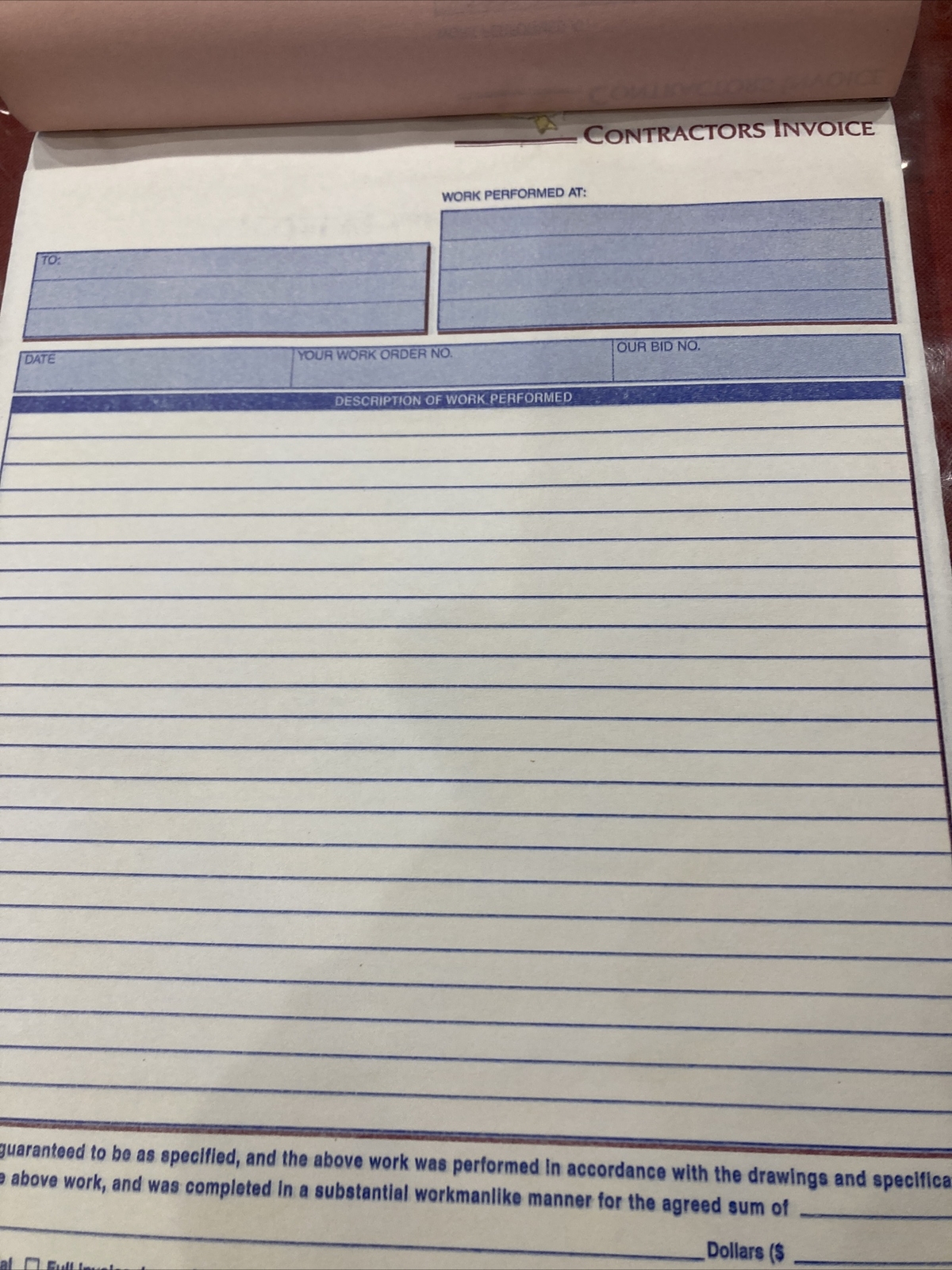 Adams Contractor Invoice Book, 8 3/8 “ X 11 7/16 “ 3-Part, Carbonless, Preowned