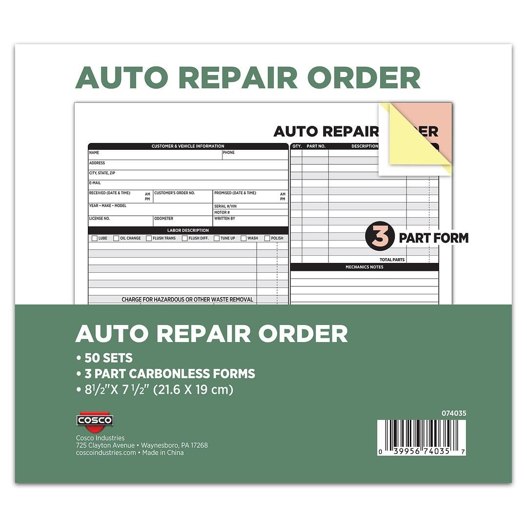 Auto Repair Order Forms 3 Part Carbonless 50 Pack White Canary Pink Wrap