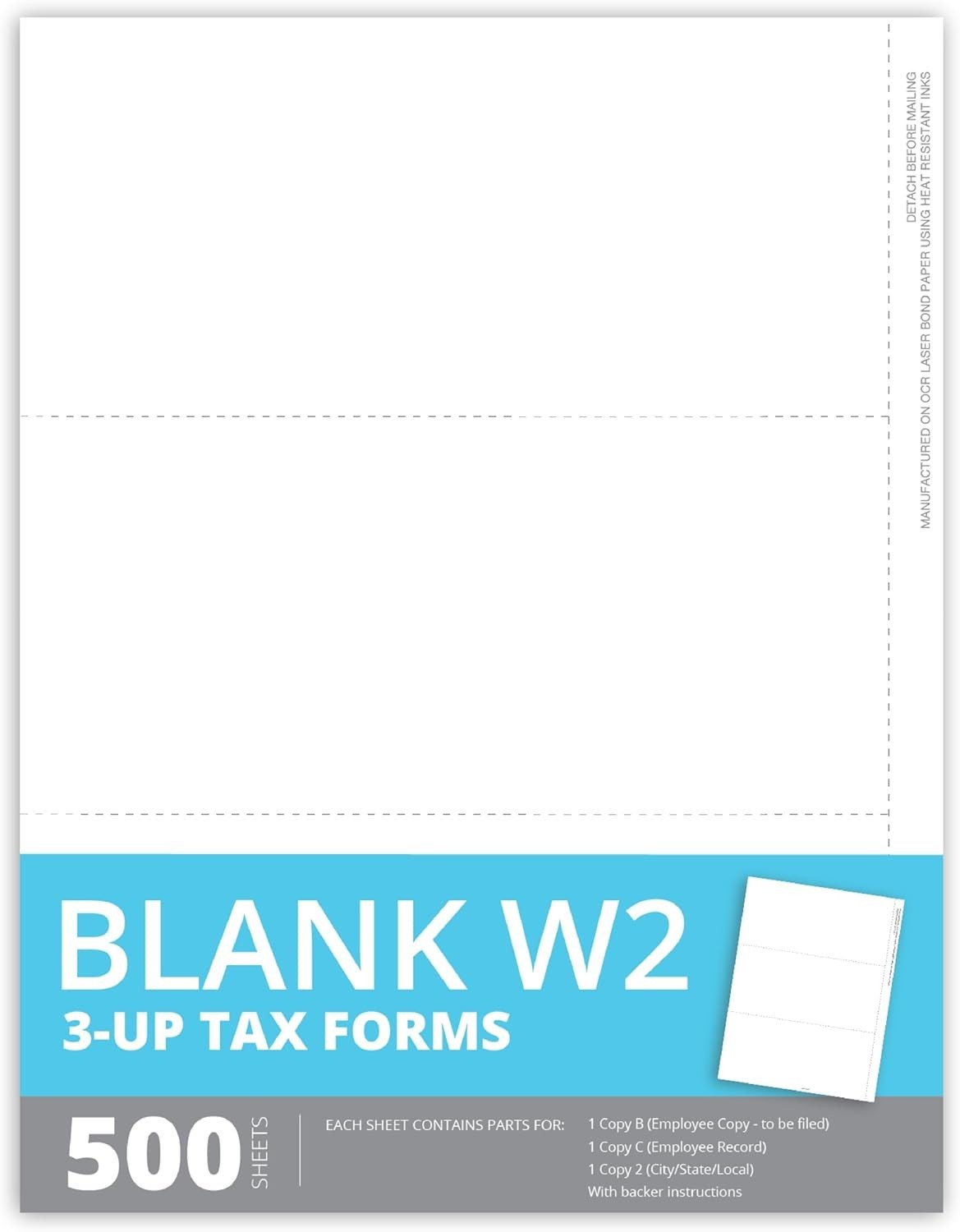 Blue Summit Blank W-2 3-UP Tax Forms 500 Employee Sets Perforated Laser Inkjet