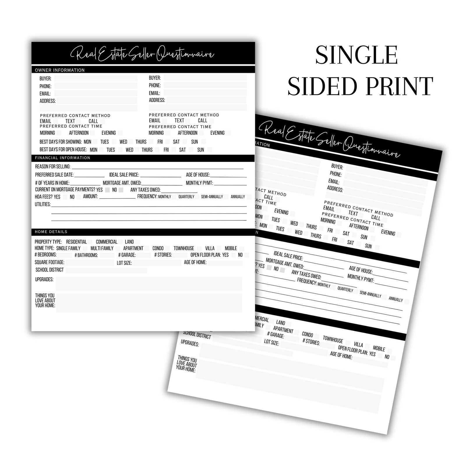 50 PCS Real Estate Buyer Seller Questionnaire Agent Form 8.5×11 Inch Mailer