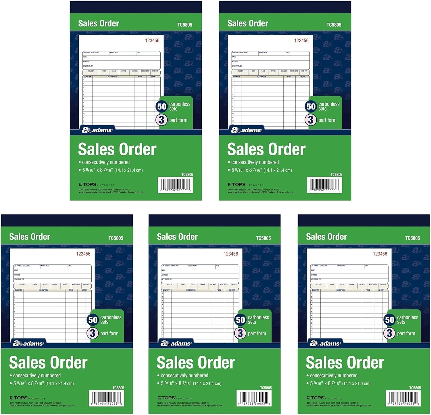 5-Pack Sales Order Book, 3-Part, 250 Sets, White/Canary/Pink