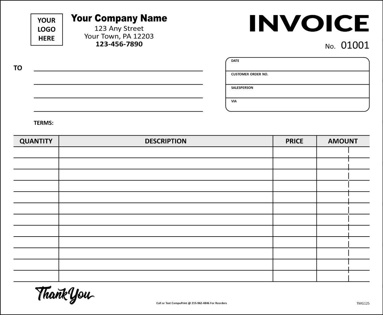 Custom Classic Mid-Size Invoice Forms / 2 Part Carbonless – 8.5 x 7 – TMG125