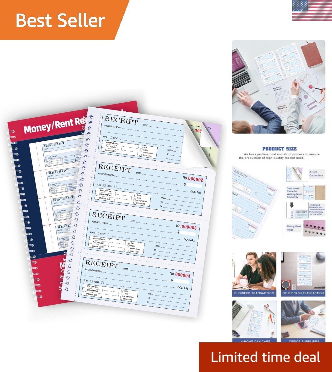 Large 3-Part Carbonless Receipt Book for Rent & Cash – Smooth Writing Experience