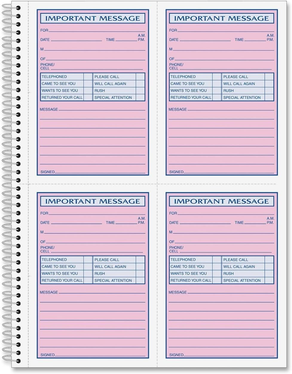 Spiral Bound Phone Message Book, Carbonless Duplicate, 4 Messages per Page, 200