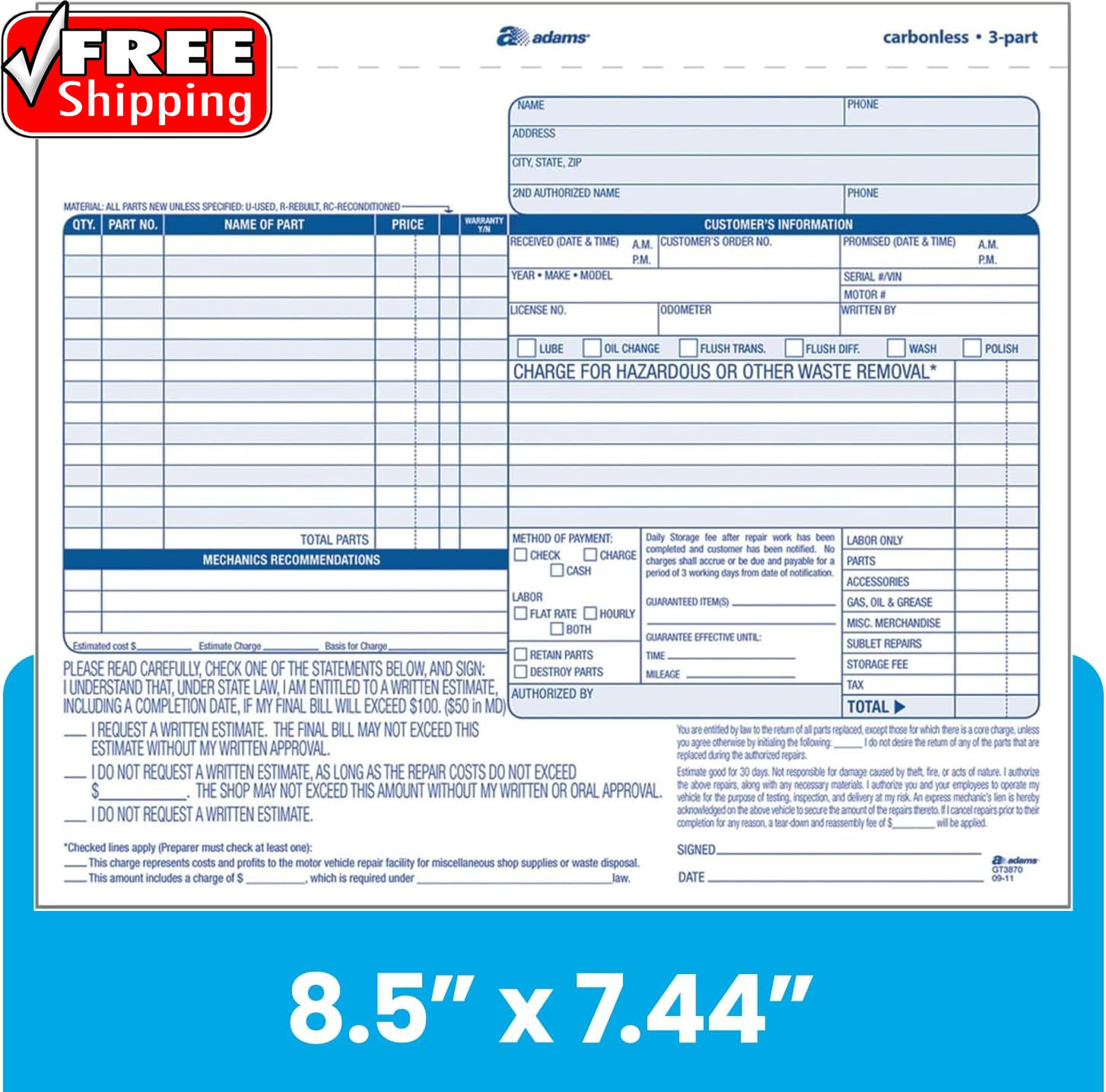 Auto Repair Order Forms, 8.5 X 7.44 Inch, 3-Part, Carbonless, 50-Pack, White and