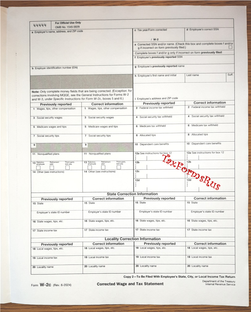 IRS Tax Form W-2c Corrected Wage/Tax Stmt single sheet set 1 employee, NON-cbnls