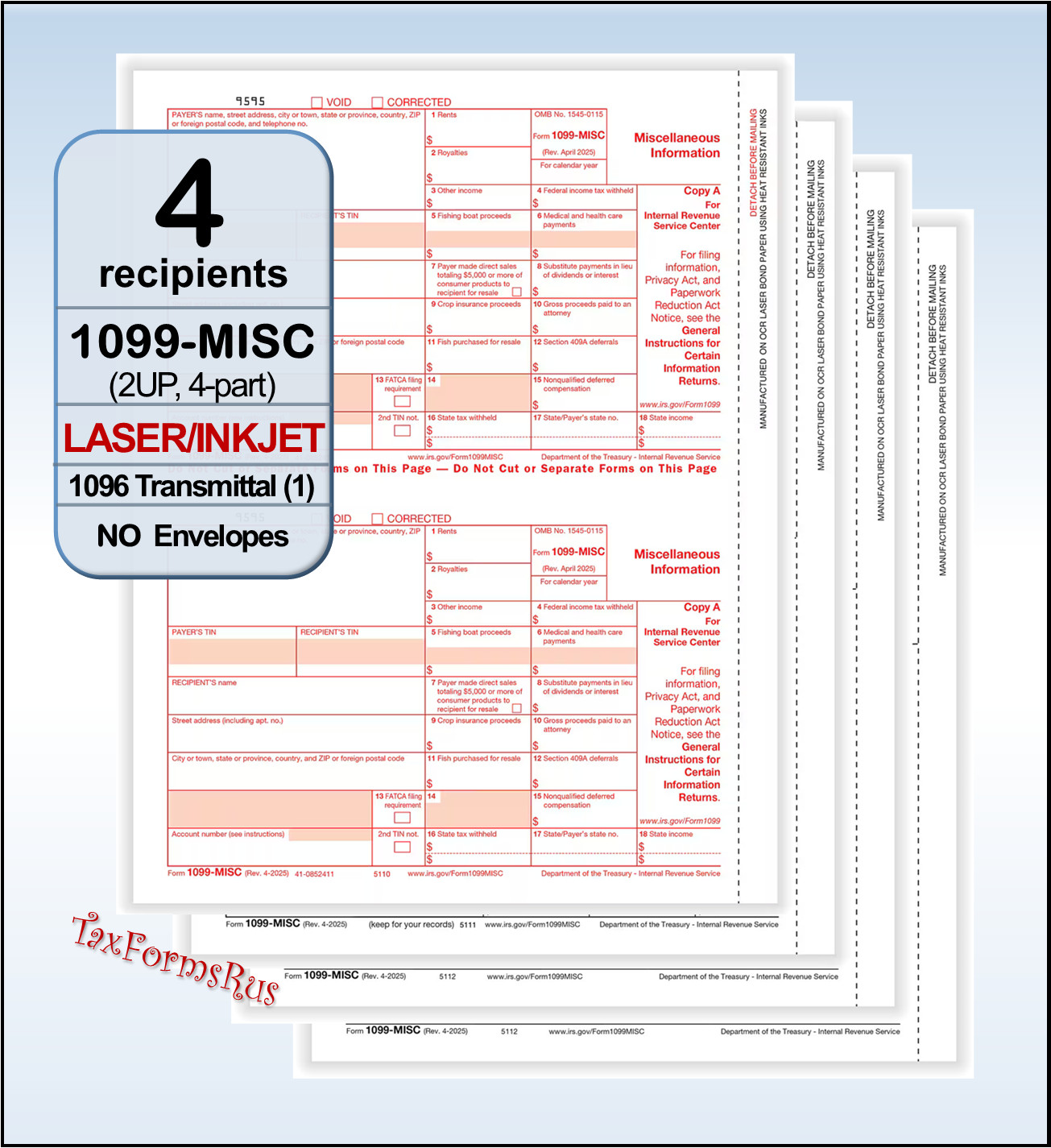 2025 IRS Tax Form 1099-MISC Laser 4 recipients + (1)1096 #TF6103 4-pt — NO Env