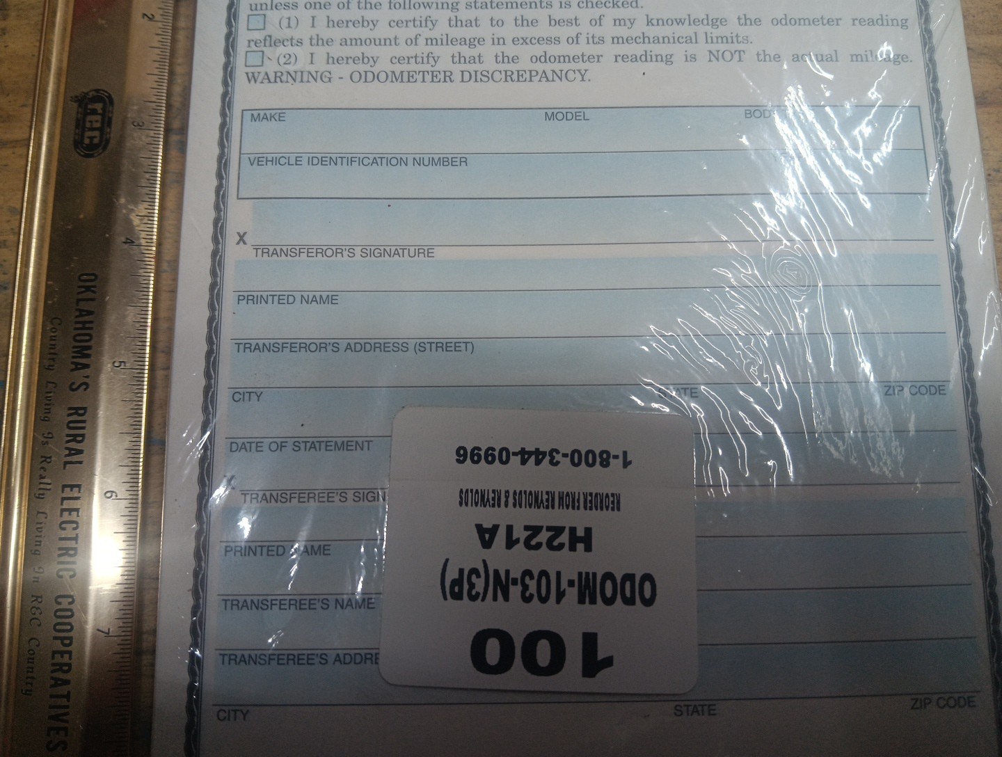 Odometer Disclosure Statement ODOM-103-N (100 per pack) (Rev. 313) Free Shipping