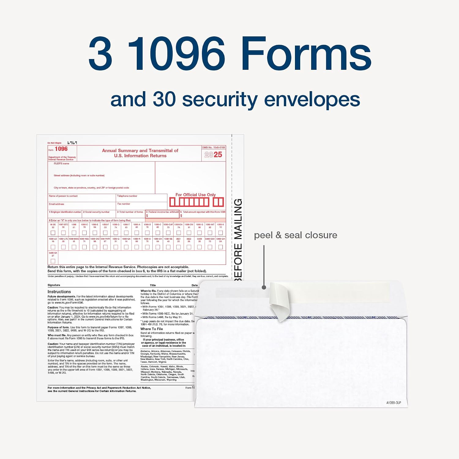 1099 NEC Forms 2025, 3-Part Kit for 30 Recipients, Includes 30 Envelopes