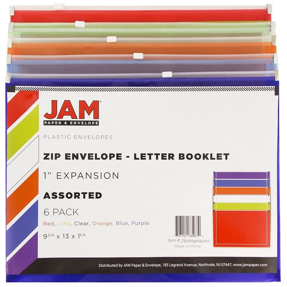 JAM PAPER Plastic Envelopes with Zip Closure – Letter Size, Assorted 6 Pack