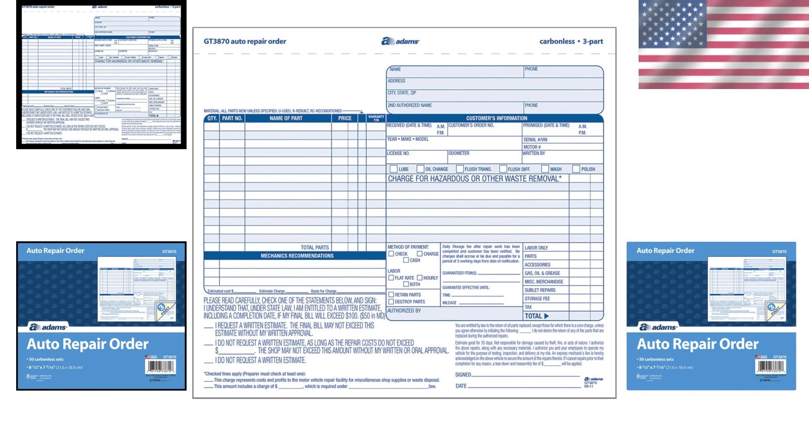 Auto Repair Job Order Forms Carbonless 50 Pack 85 x 7 Inch Multi-Part Auto Shop