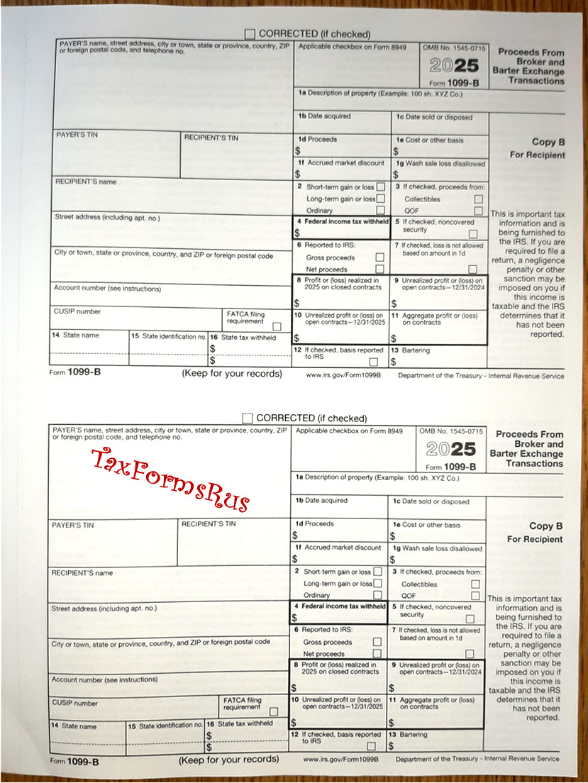 2025 IRS Tax Form 1099-B single sheet set for 2 recipients NONcarbonless 4pt 2up