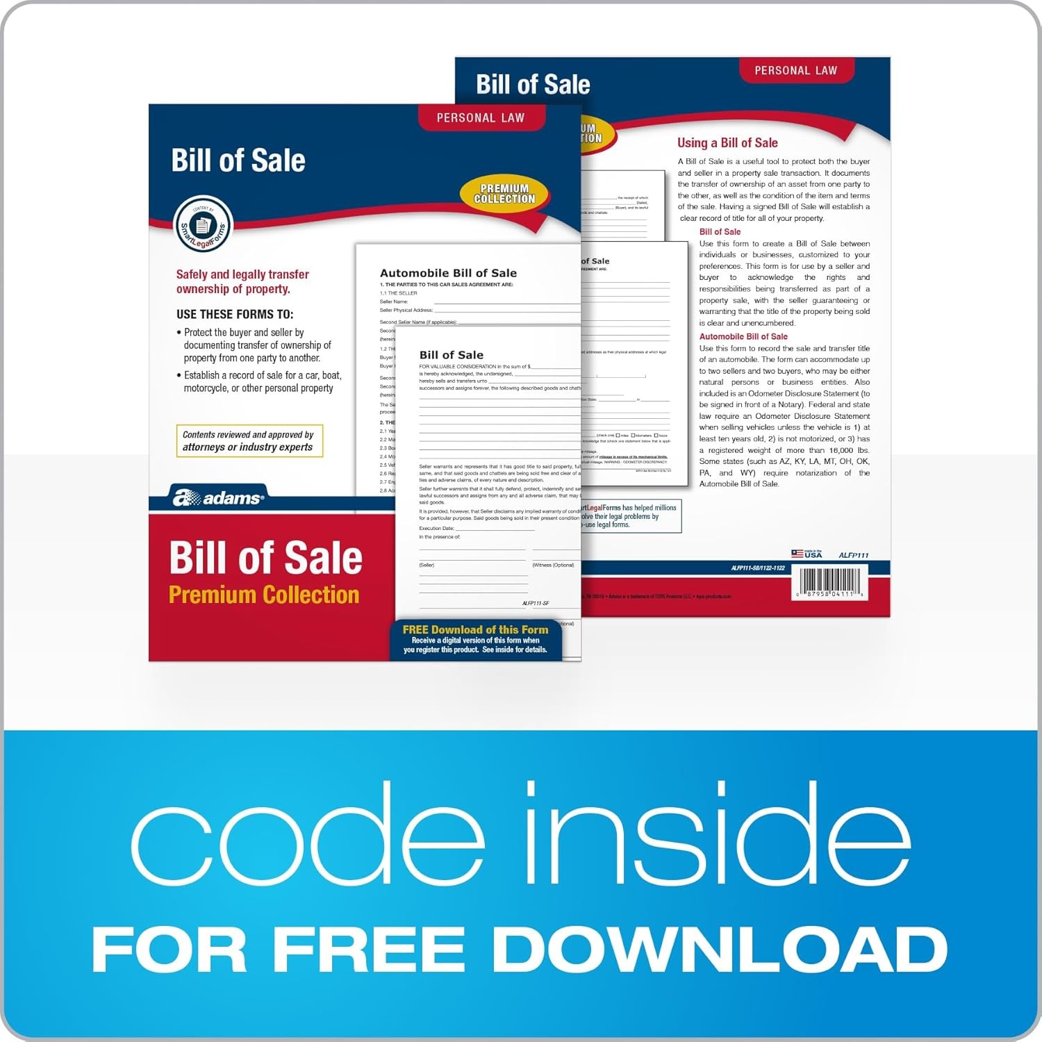 Adams Bill of Sale Forms Pack, Includes 2 Motor Vehicle 8.5 x 11 inch, White