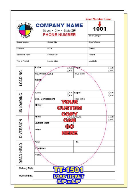 TRUCKING COMPANY LOAD TICKET TIME SHEET 2, 3 or 4 Part Carbonless TT-1501