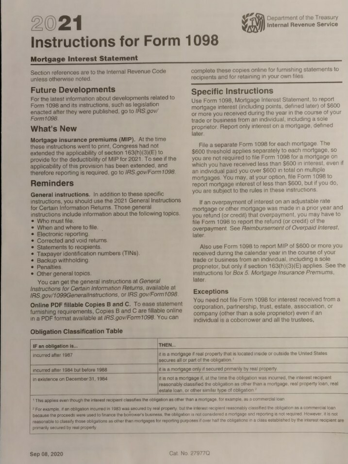 2021: 5 SHEETS 1098 IRS Mortgage Interest Statement & 3=1096 Transmittal Forms