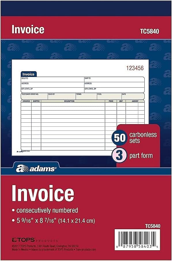 Invoice Book, 3-Part, Carbonless, 5.56 X 8.44 Inch, 50 Sets per Book, White, Can