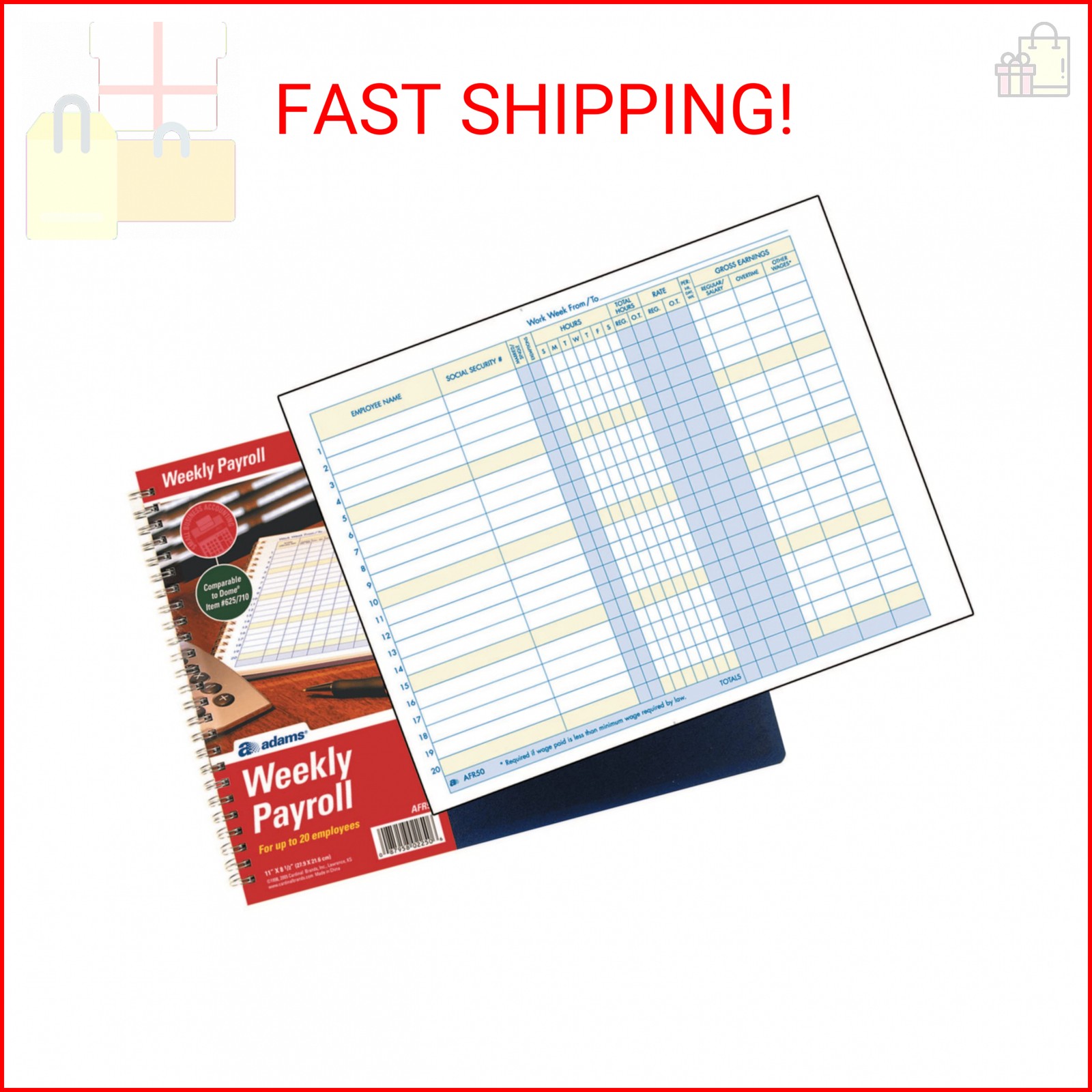 Adams Weekly Payroll Record, 20 Employee Capacity, Spiral Binding, 11 x 8.5 Inch