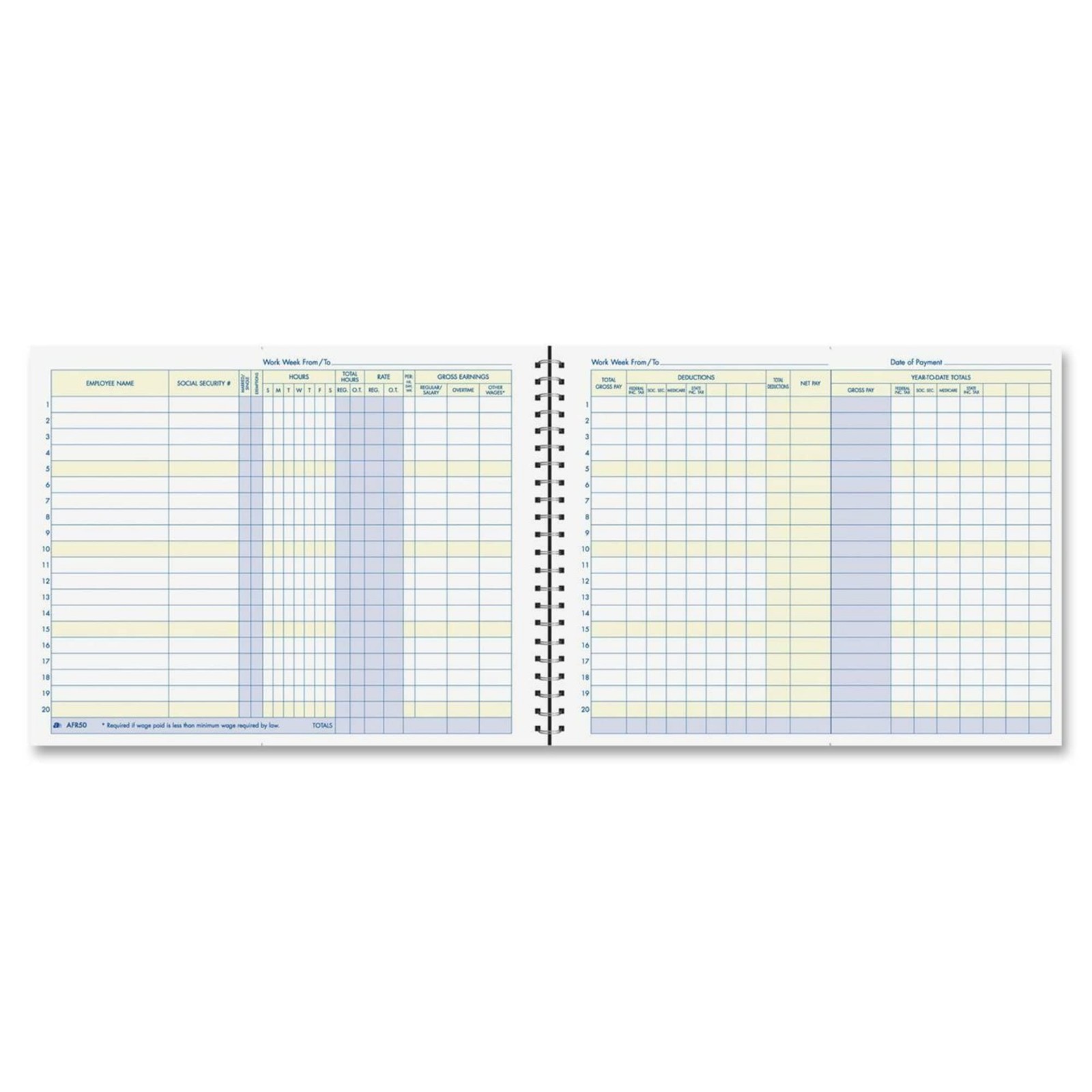 Weekly Payroll Record Book 20 Employee Capacity Spiral Bound 11 x 8.5 White New