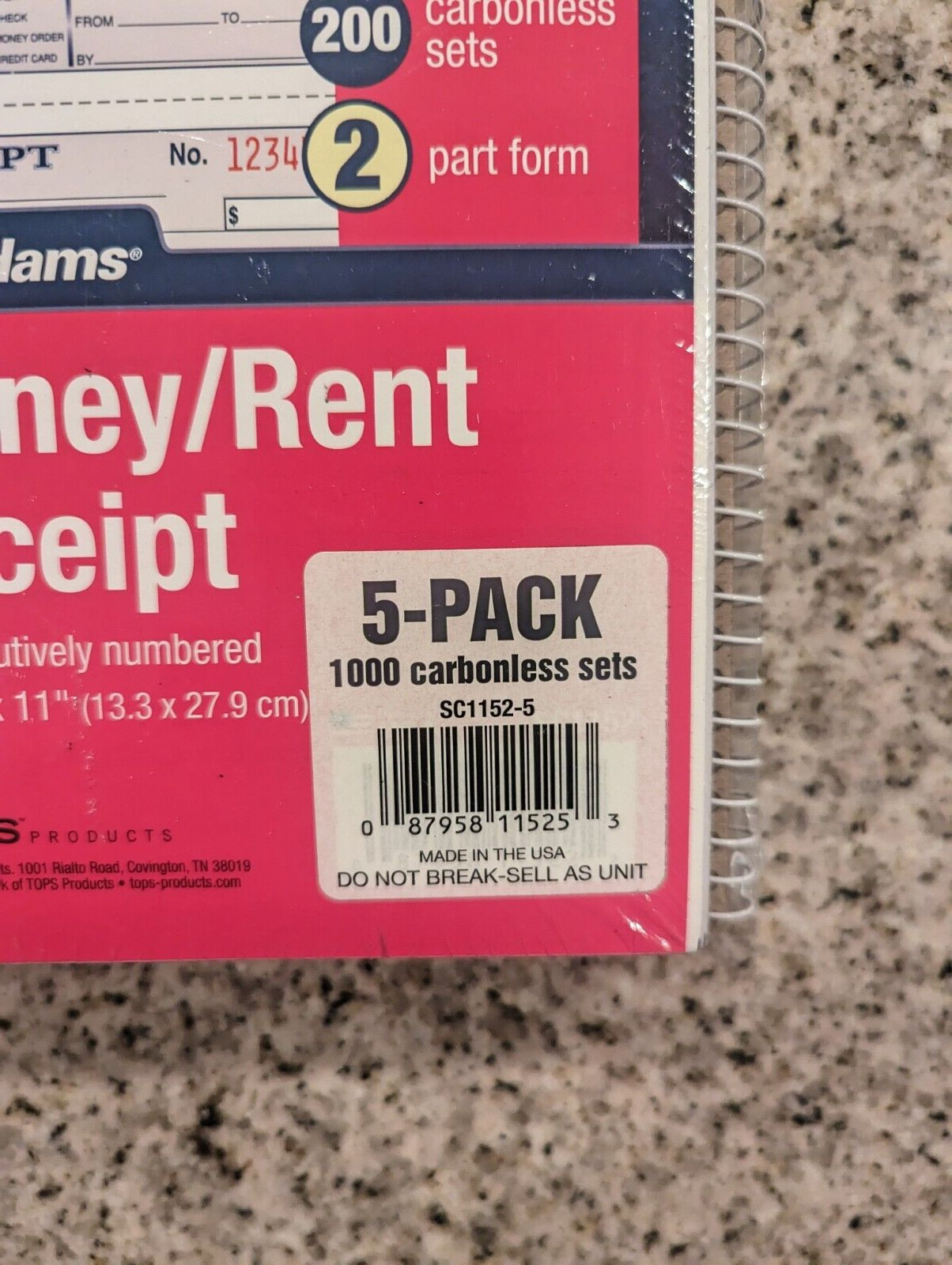 Adams Carbonless 2-Part Form Money/Rent Receipt Book 11″ x 5 1/4″ Pack Of 5 New