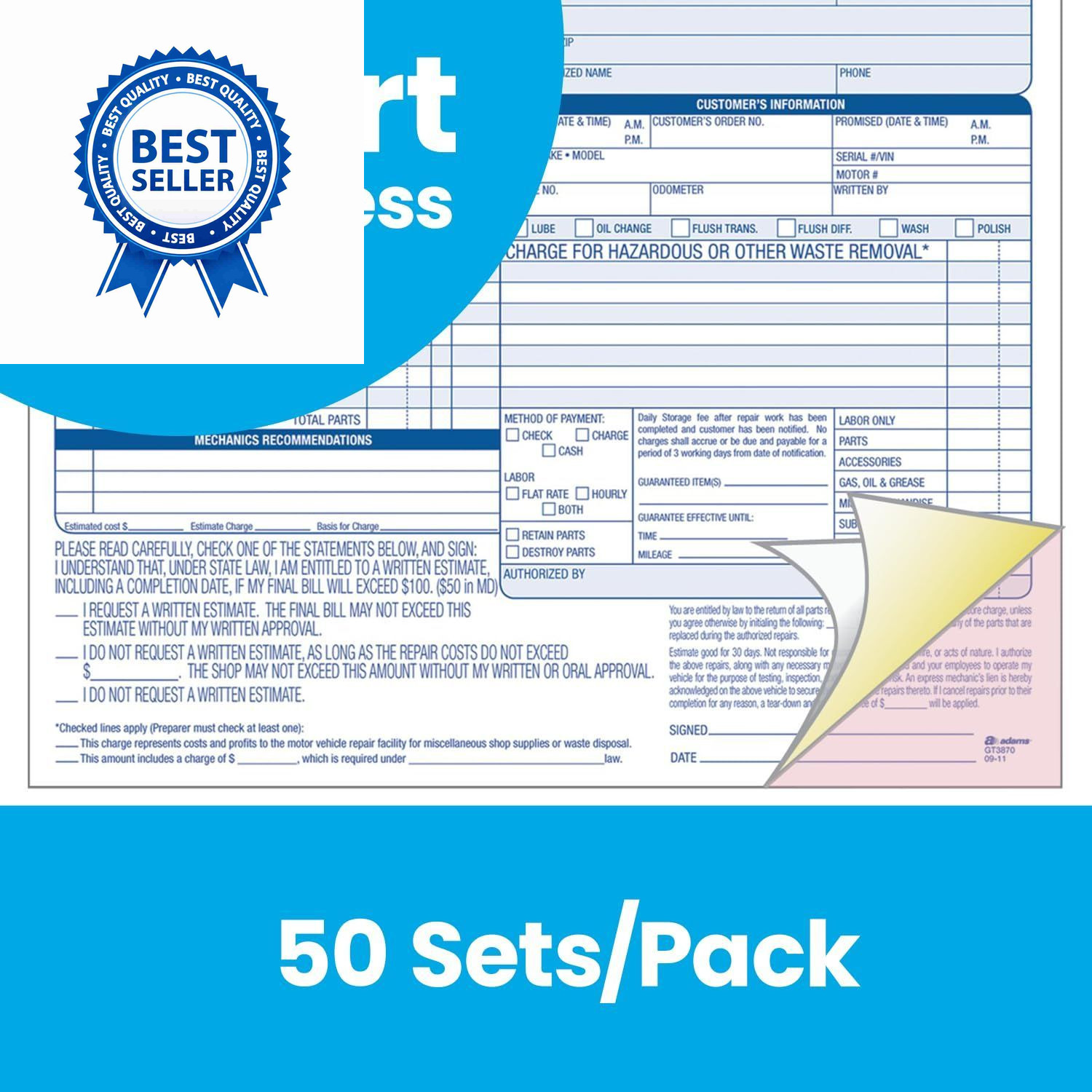 Adams Auto Repair Order Forms, 8.5 x 7.44 Inch, 3-Part, 50-Pack, White/Canary