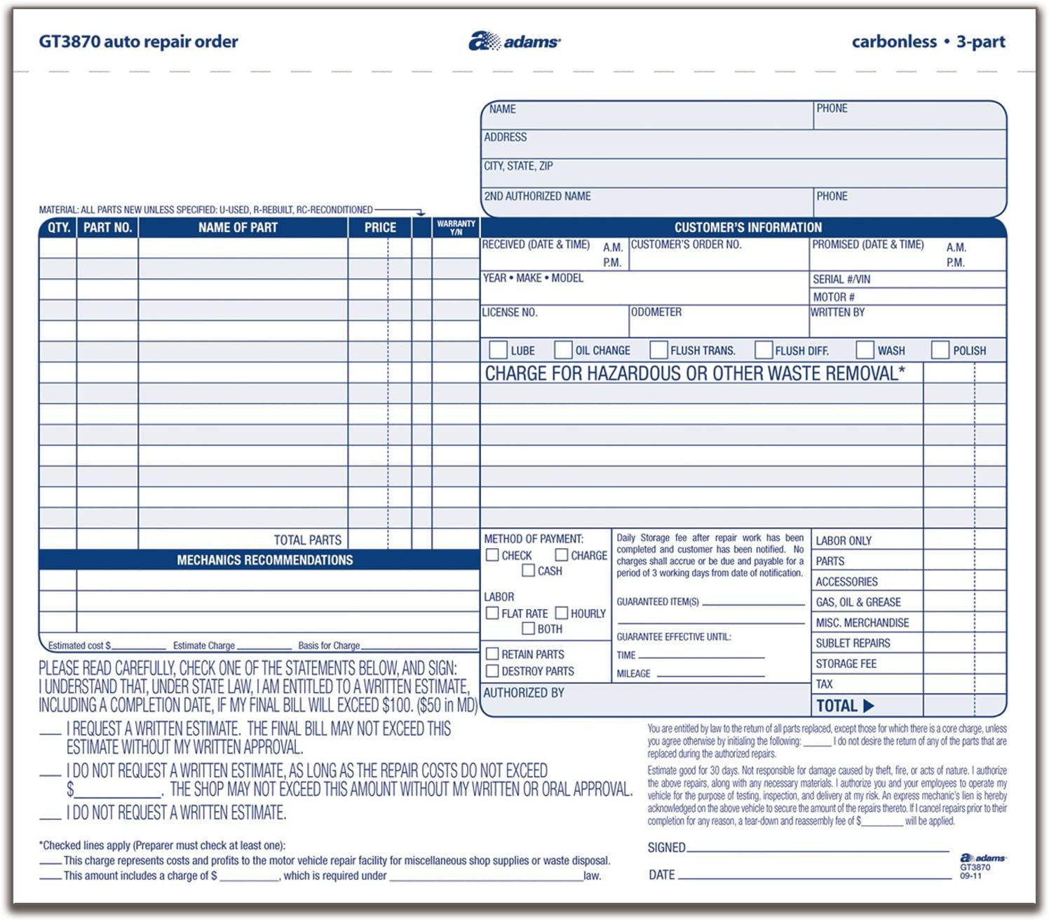 Adams Auto Repair Order Forms, 8.5 X 7.44, 3-Part, Carbonless, 50-Pack (GT3870)
