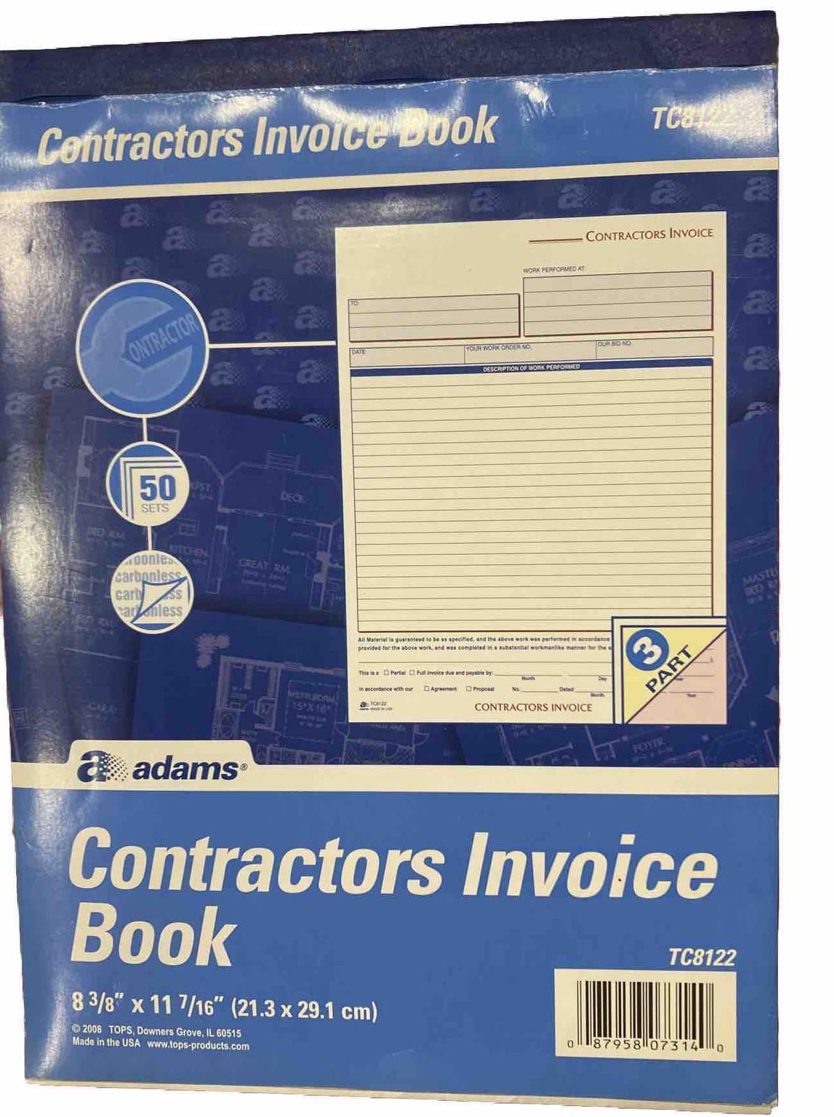 Adams Contractor Invoice Book, 8 3/8 “ X 11 7/16 “ 3-Part, Carbonless, Preowned