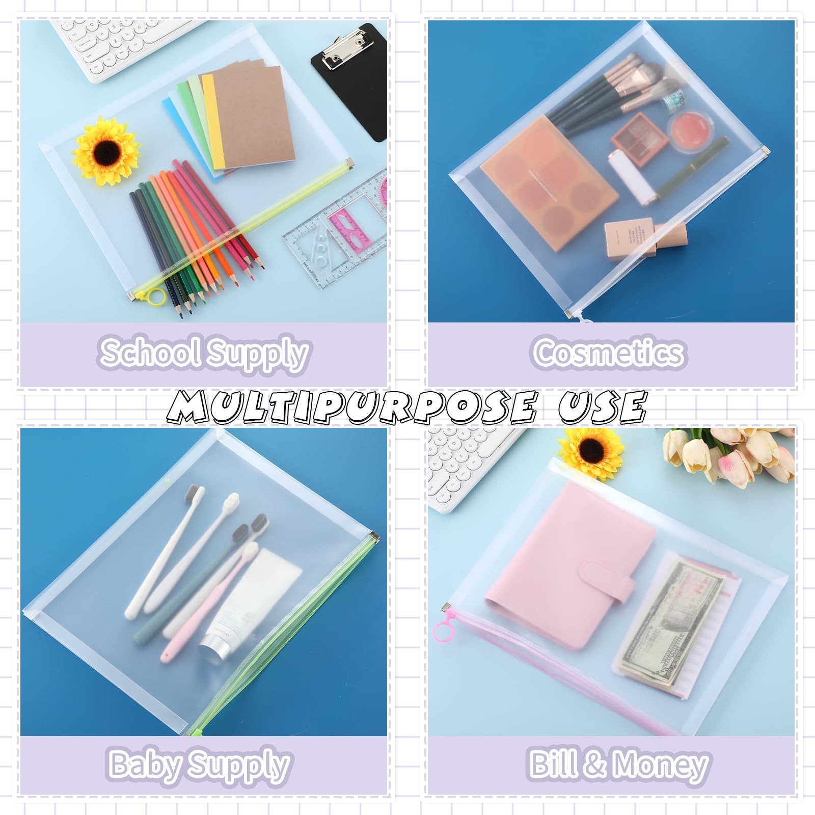 Yexiya 14 Pcs Back to School Clear Plastic Zip Envelope A4 Stylish Colors
