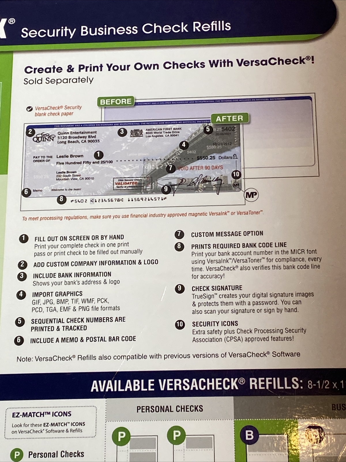 VersaCheck Security Business Check Refills 1500 Checks Form #3000