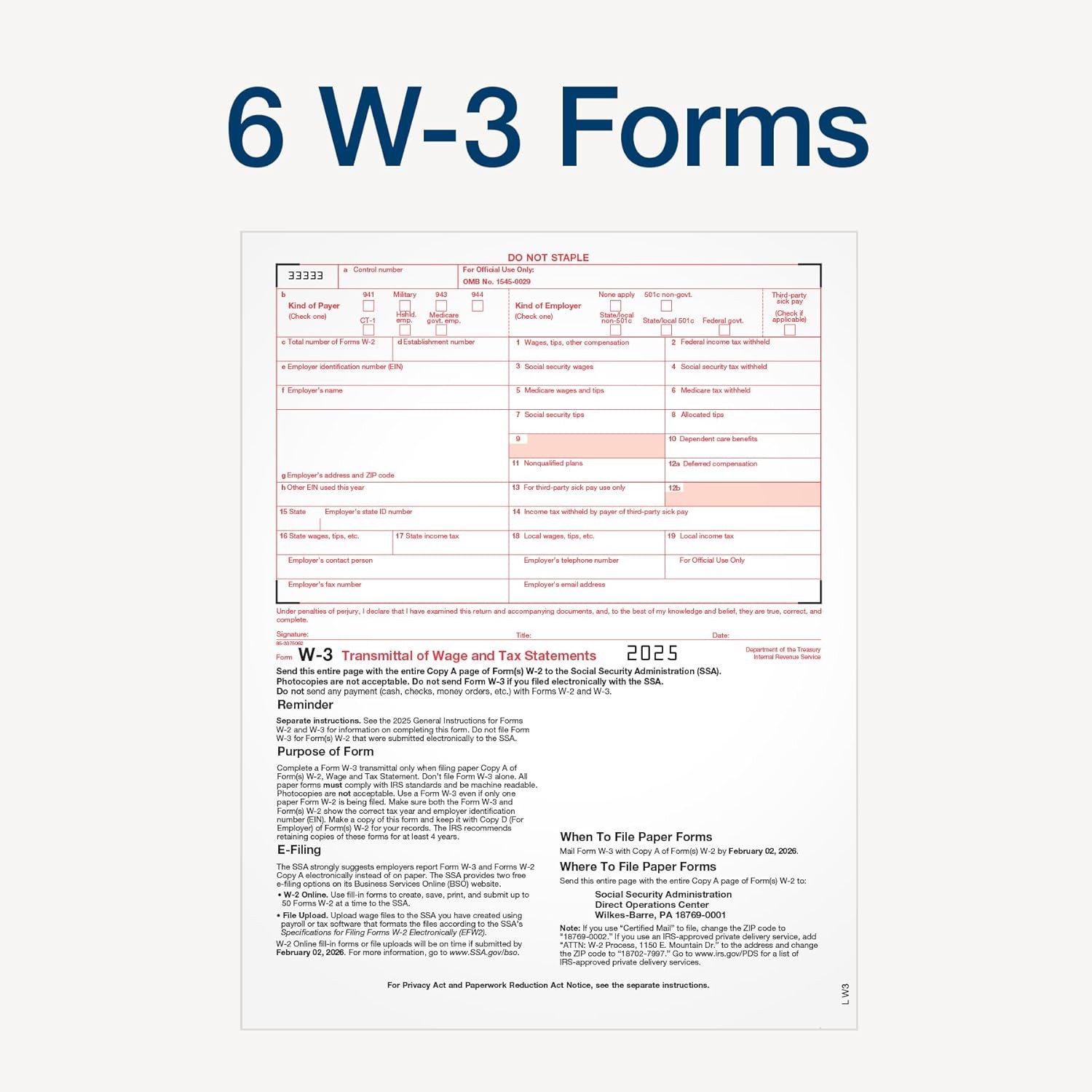 W-2 Forms 2025, 6-Part Kit for 50 Recipients, Includes 6 W-3 Forms, Quickbooks C
