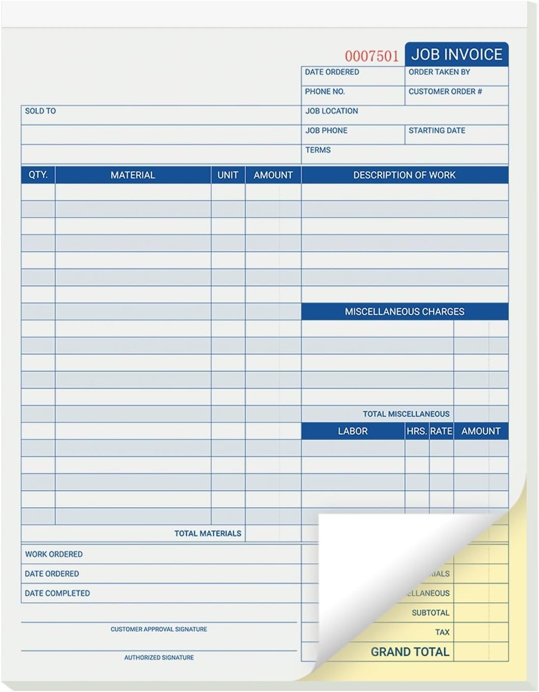 50 Sets Job Invoice Forms, 2 Part Carbonless, 8.5X11 Inch Work Order Forms for S