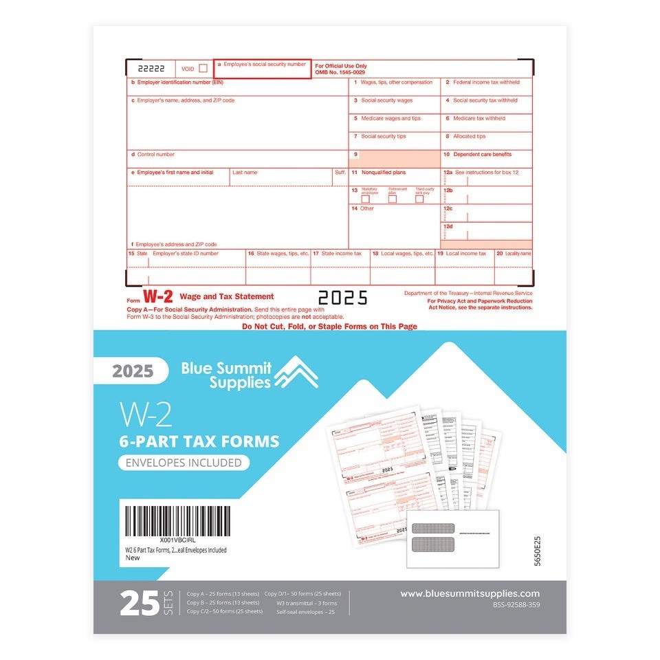 Blue Summit W2 Forms 2025 with Envelopes, 6 Part W2 Tax Forms 2025, 25 Employee