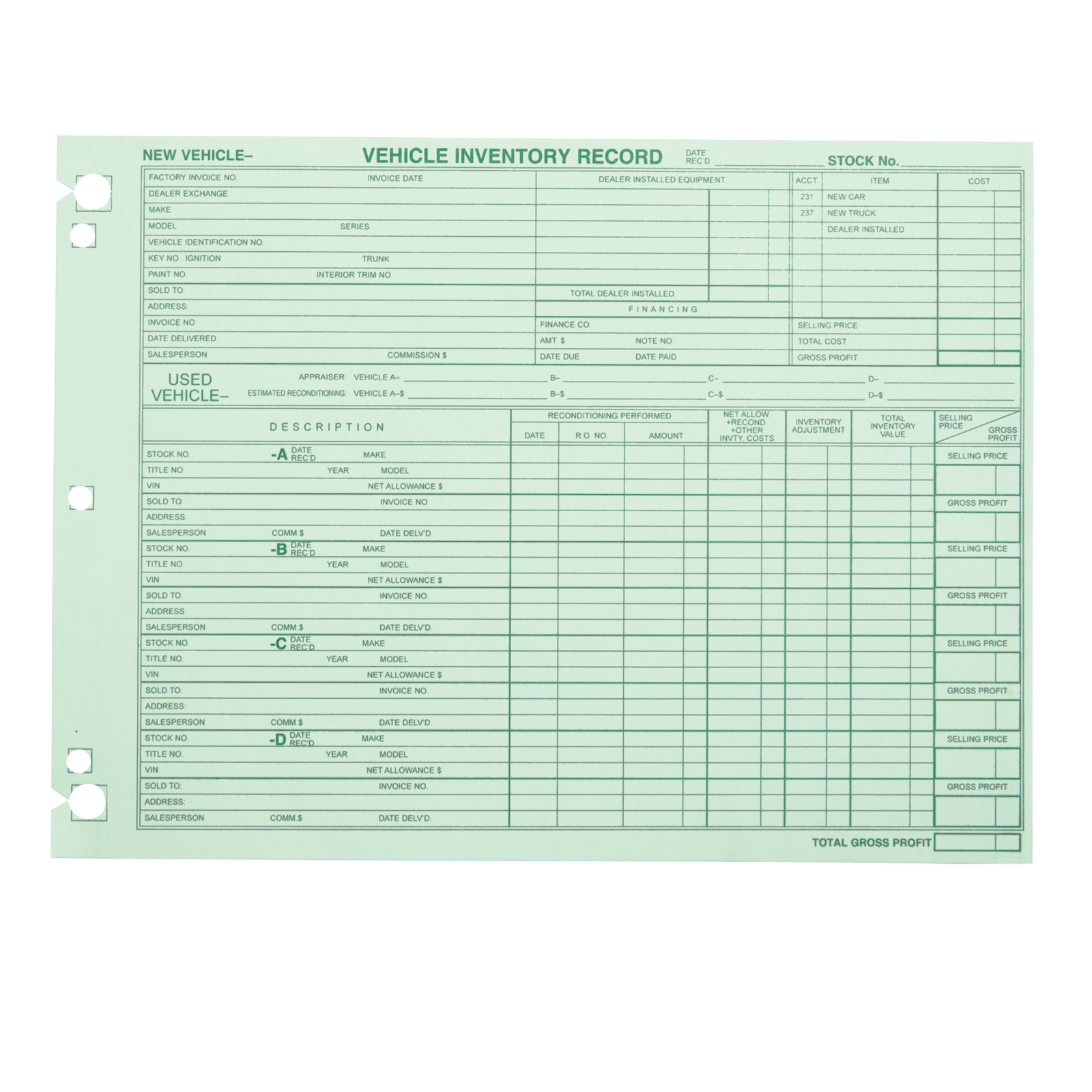 SSWBasics Vehicle Inventory Record 10 1/4W x 7 1/2H Pack of 100- Dealer Jackets