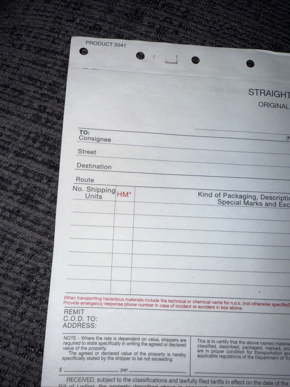 Uline 4 Part Carbonless Bill Of Lading. 250 Count
