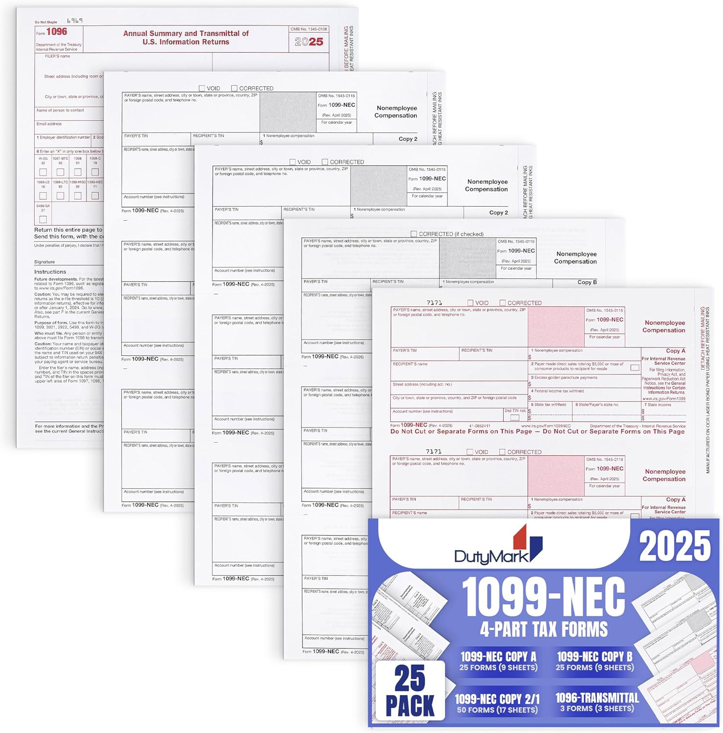 1099 NEC Forms 2025 4 Part Tax Forms Kit of Laser Forms, Compatible with Quickbo