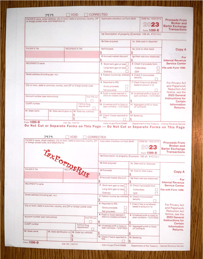 2023 IRS Tax Form 1099-B single sheet set for 2 recipients NONcarbonless 4pt 2up