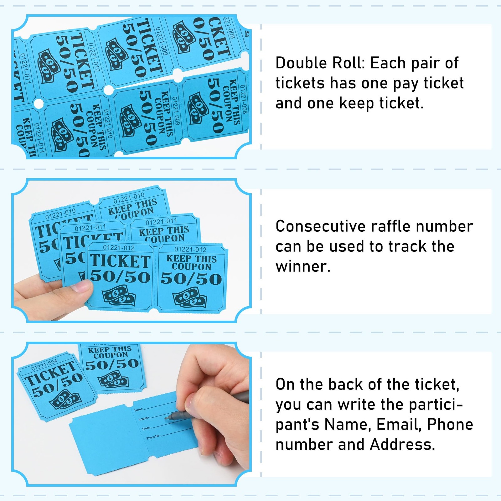 ESSENTIAL 500 Double Roll Raffle Tickets, 50/50 Cards, 4″x2″, Blue