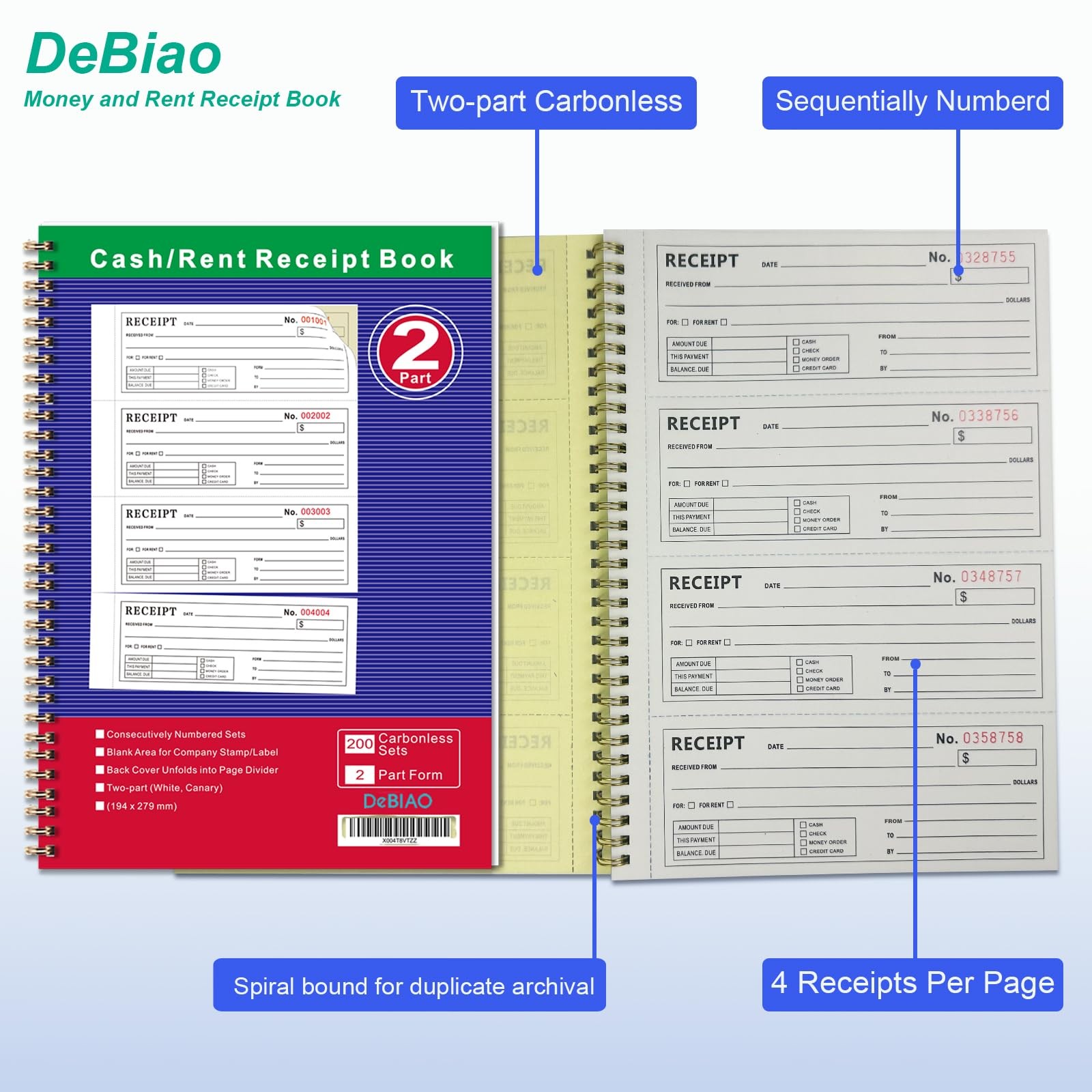 4 Pack 2Part Carbonless Money Rent Receipt Book 75/8×11 In 200 Sets