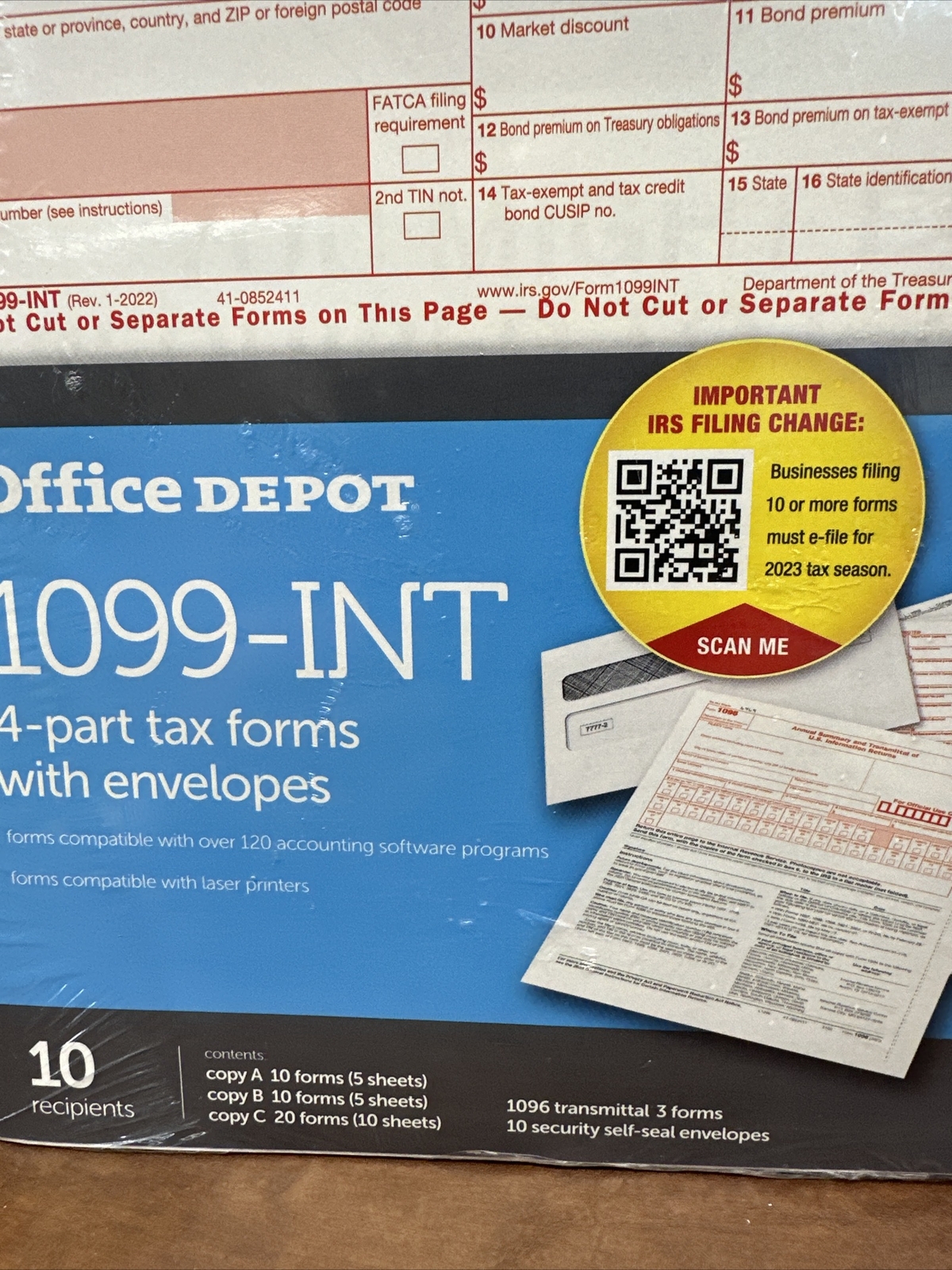 2023 Office Depot 1099-INT Tax Forms w Envelopes 4-Part 10-PK Staples USA 2023