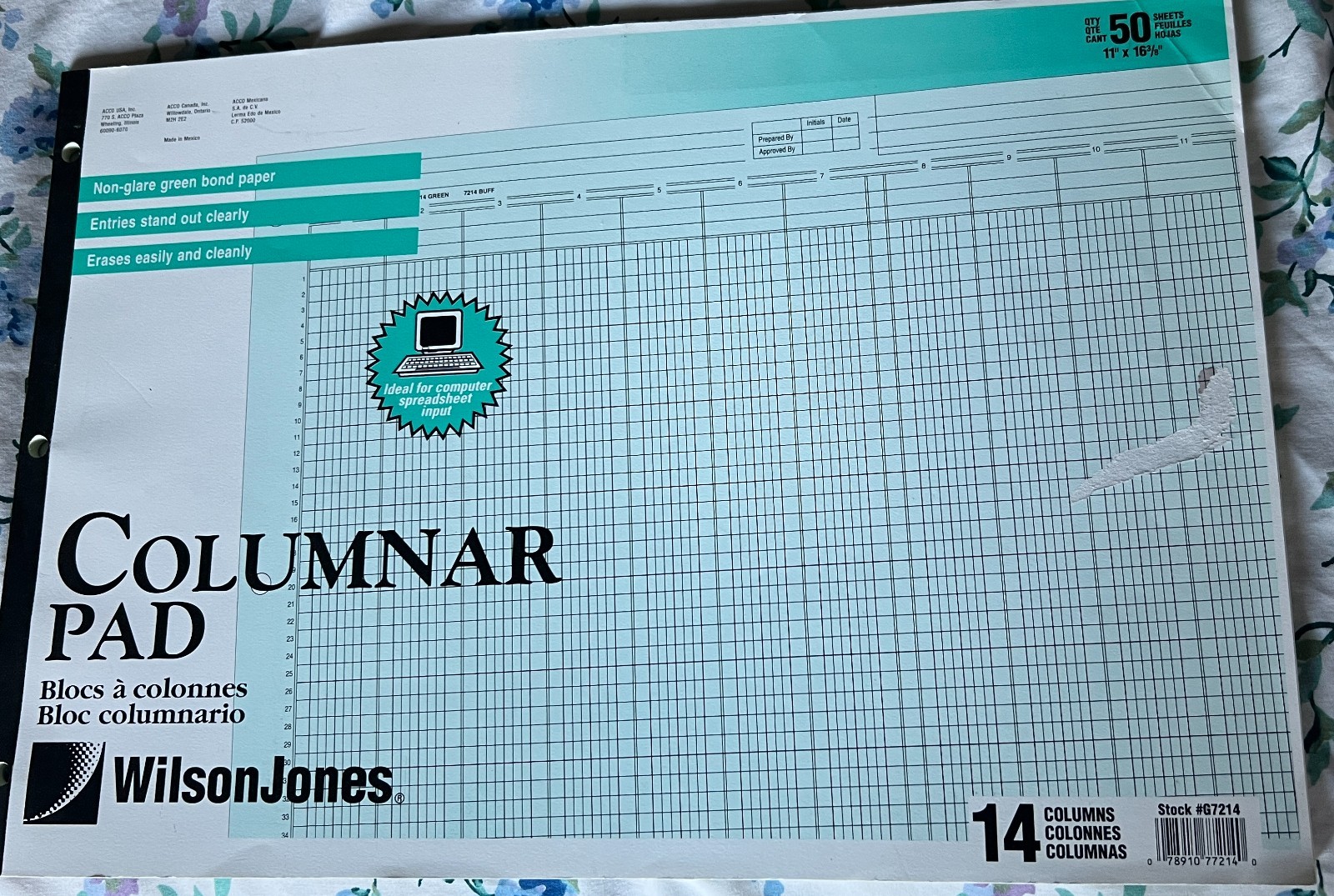 Wilson Jones Columnar Pad-14 Columns,50 Sheets-11×16 3/8 in,-#G7214-New