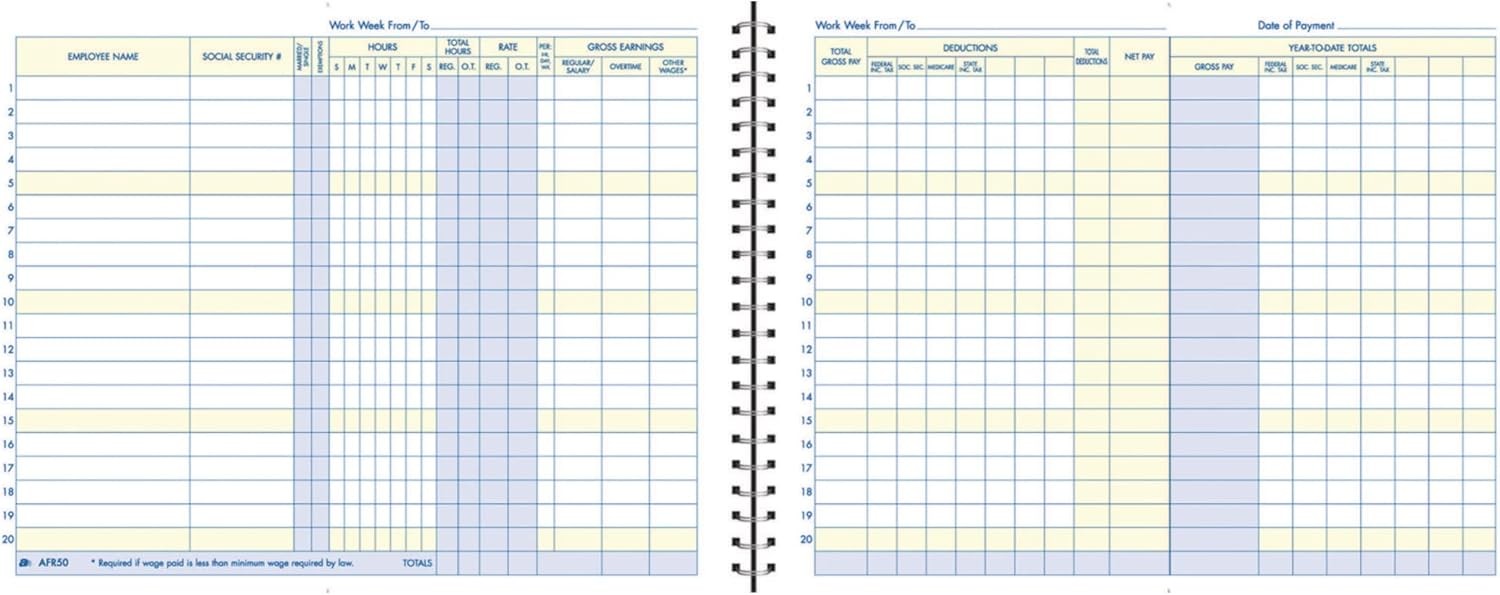 Adams Weekly Payroll Record, 20 Employee Capacity, Spiral Binding, 11 x White