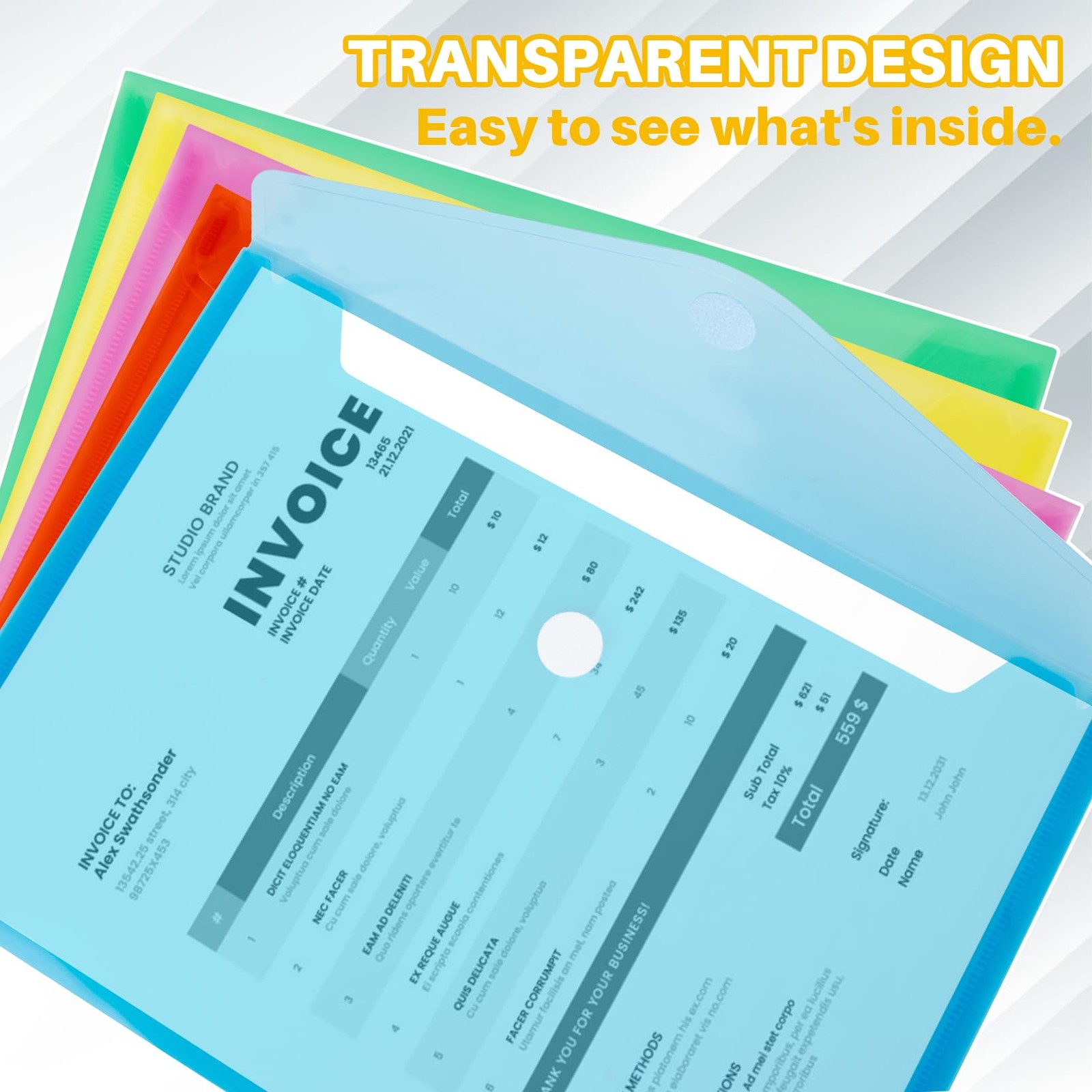 MAQIHAN Clear Plastic Envelopes – 5 Pack Poly Blue, Green, Red, Pink, Yellow