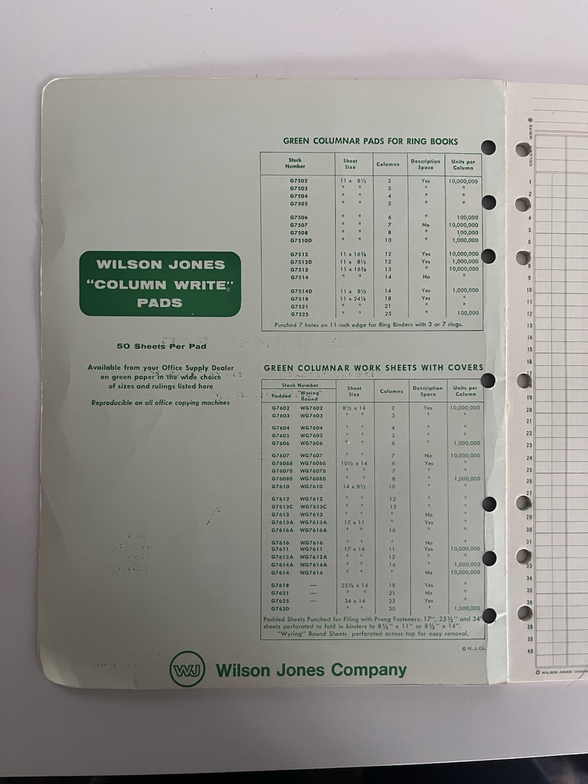 WILSON JONES Columnar Pad 1968, 50 Sheets, (Green G 7504, 4 Alt Shaded Columns)