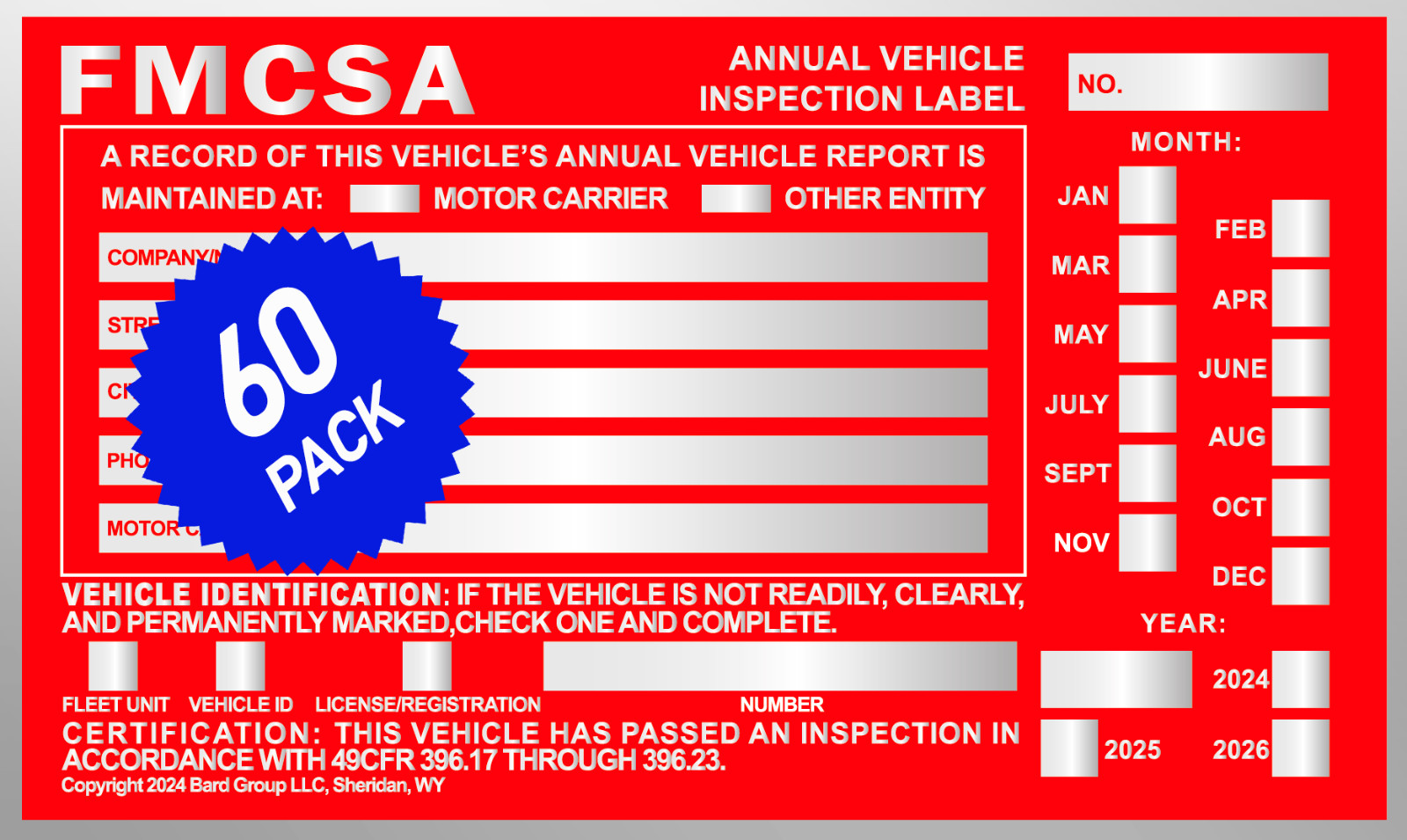 Annual Vehicle Inspection Label Sticker Aluminum FMCSA DOT 6″ x 3.5″. 60-PACK.