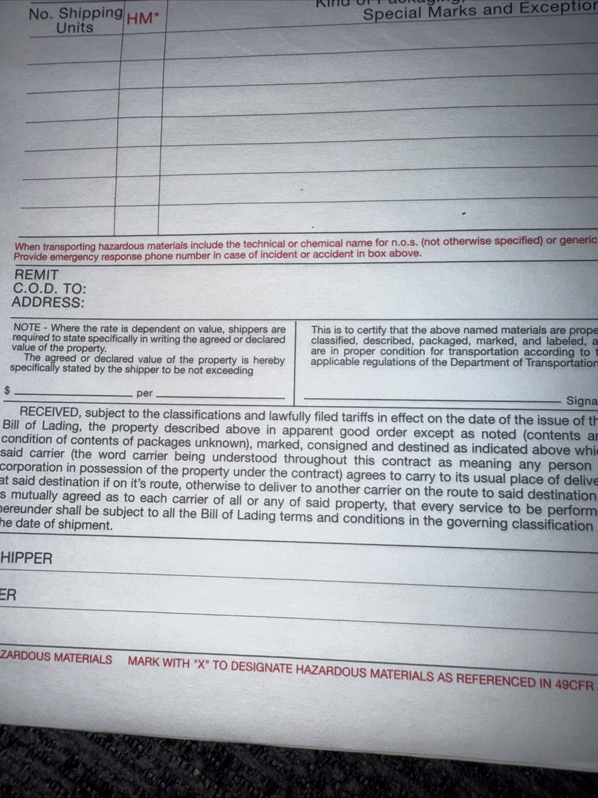 Uline 4 Part Carbonless Bill Of Lading. 250 Count