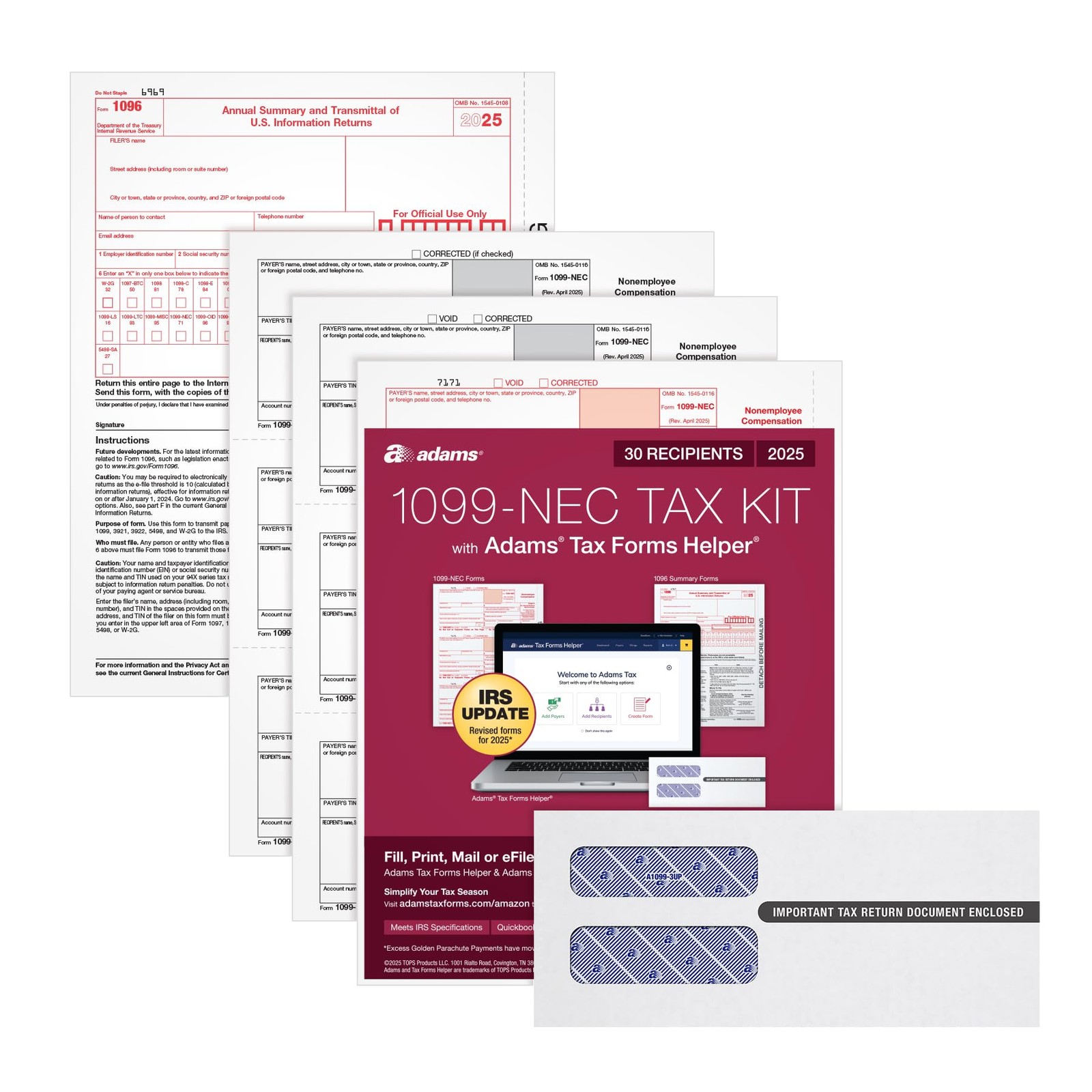 Adams 1099 NEC Forms 2025, 3-Part Kit for 30 Recipients, Includes 30…