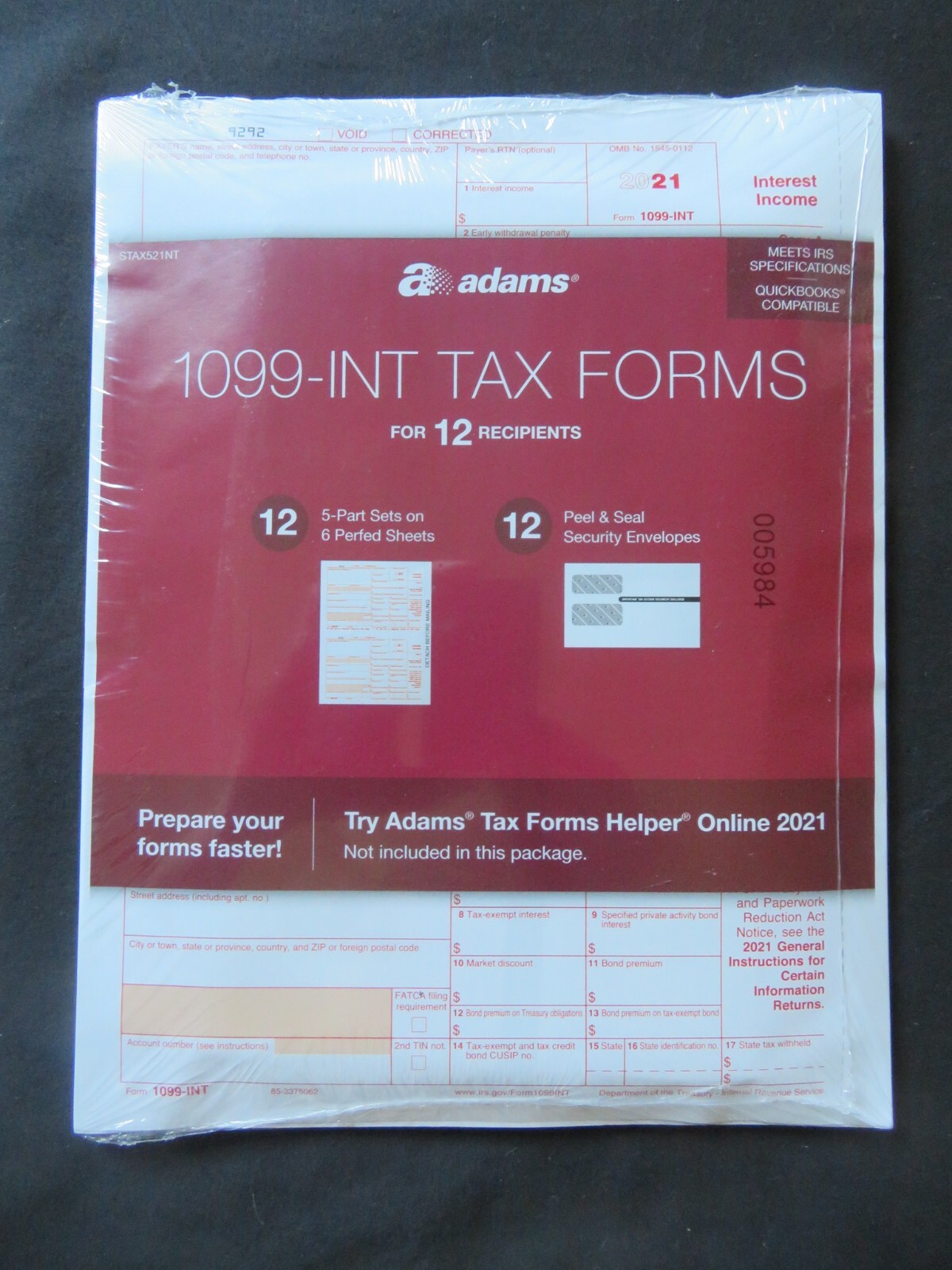 2021 Adams 1099-INT Tax Forms 12 5-Part Sets & 12 Peel & Seal Security Envelopes