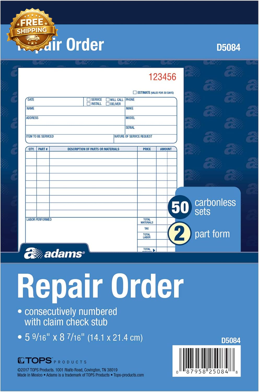 Repair Order Book Carbonless 2-Part White/White 5-9/16 X 8-7/16 Inches 50 Sets
